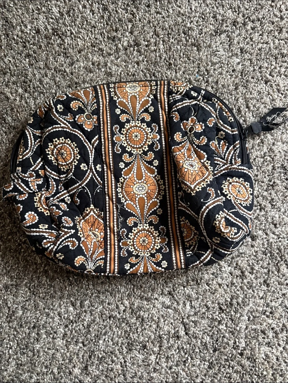 Quilted Floral Large Cosmetic Pouch in Black and Tan